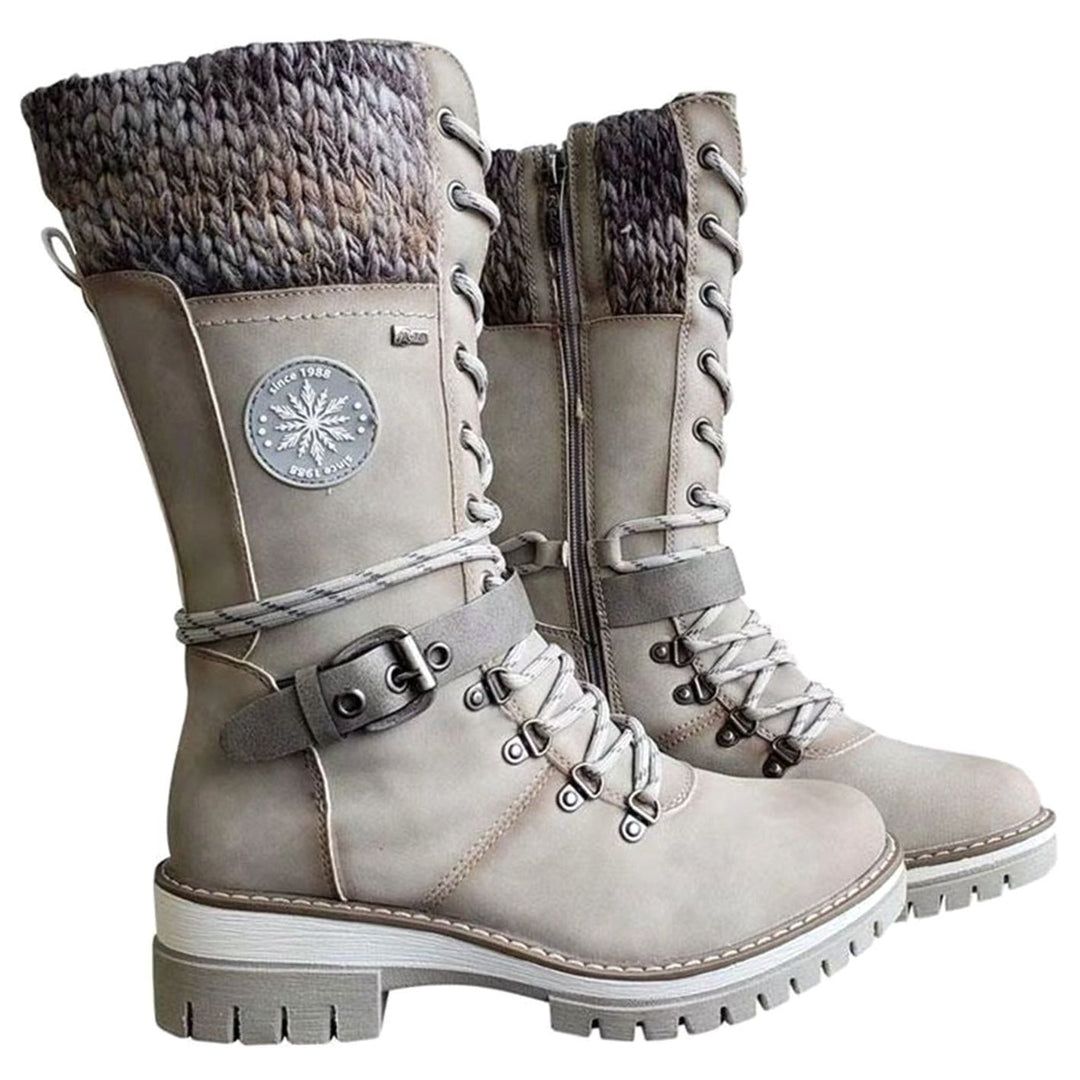 Women's Knit-Cuff Lace-Up Side-Zip Mid-Calf Winter Boots - White