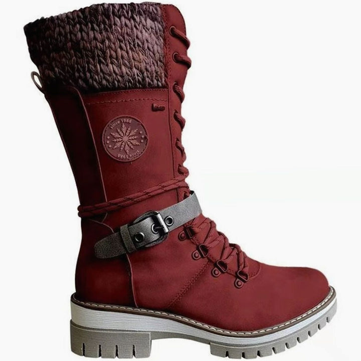 Women's Knit-Cuff Lace-Up Side-Zip Mid-Calf Winter Boots - Red