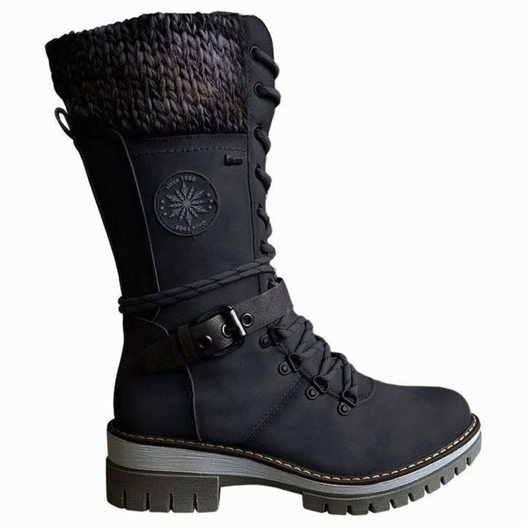 Women's Knit-Cuff Lace-Up Side-Zip Mid-Calf Winter Boots - Black
