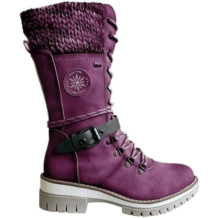 Women's Knit-Cuff Lace-Up Side-Zip Mid-Calf Winter Boots - Purple