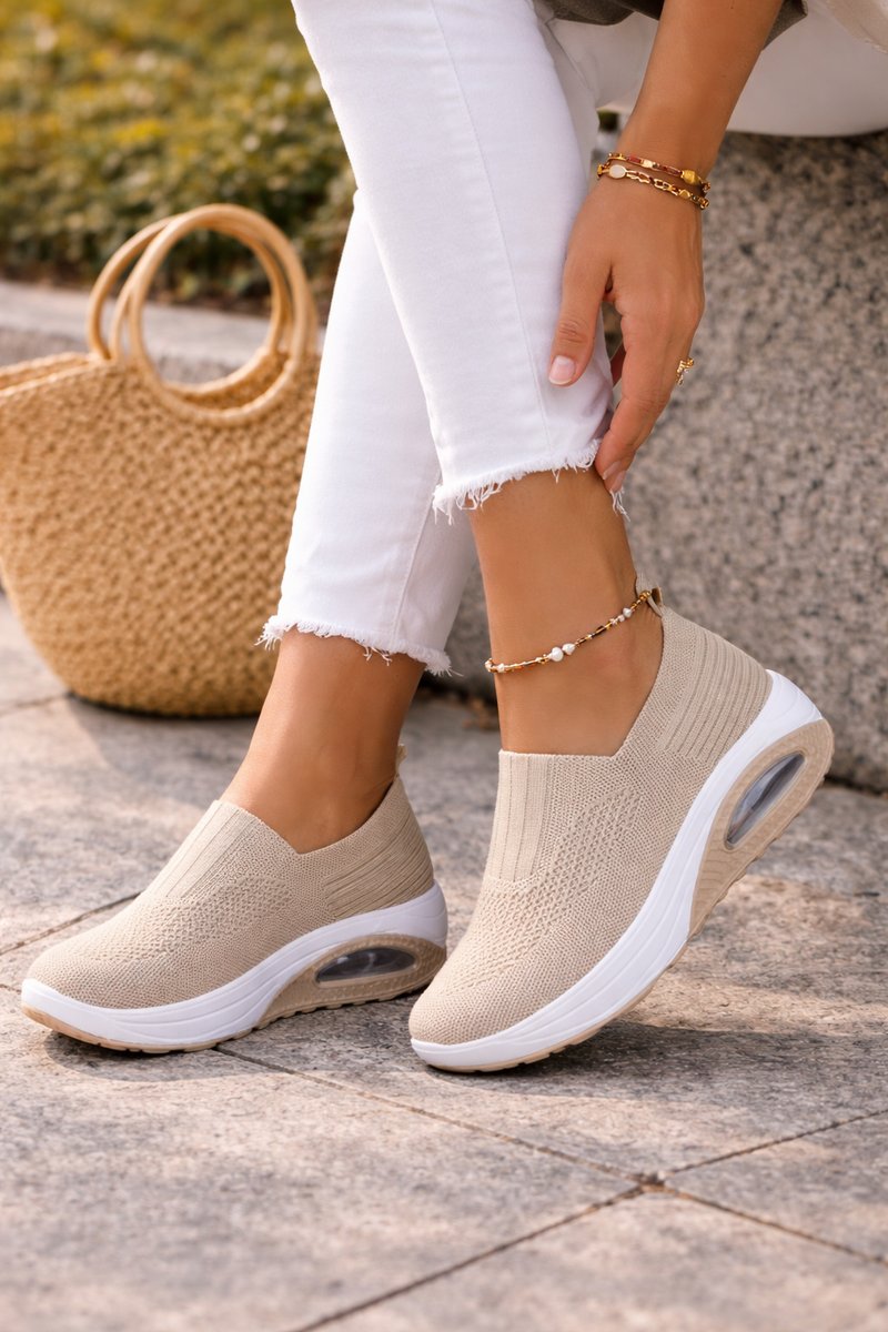 Women's Knit Slip-On Cushioned Sneaker Ankle Boots - Beige