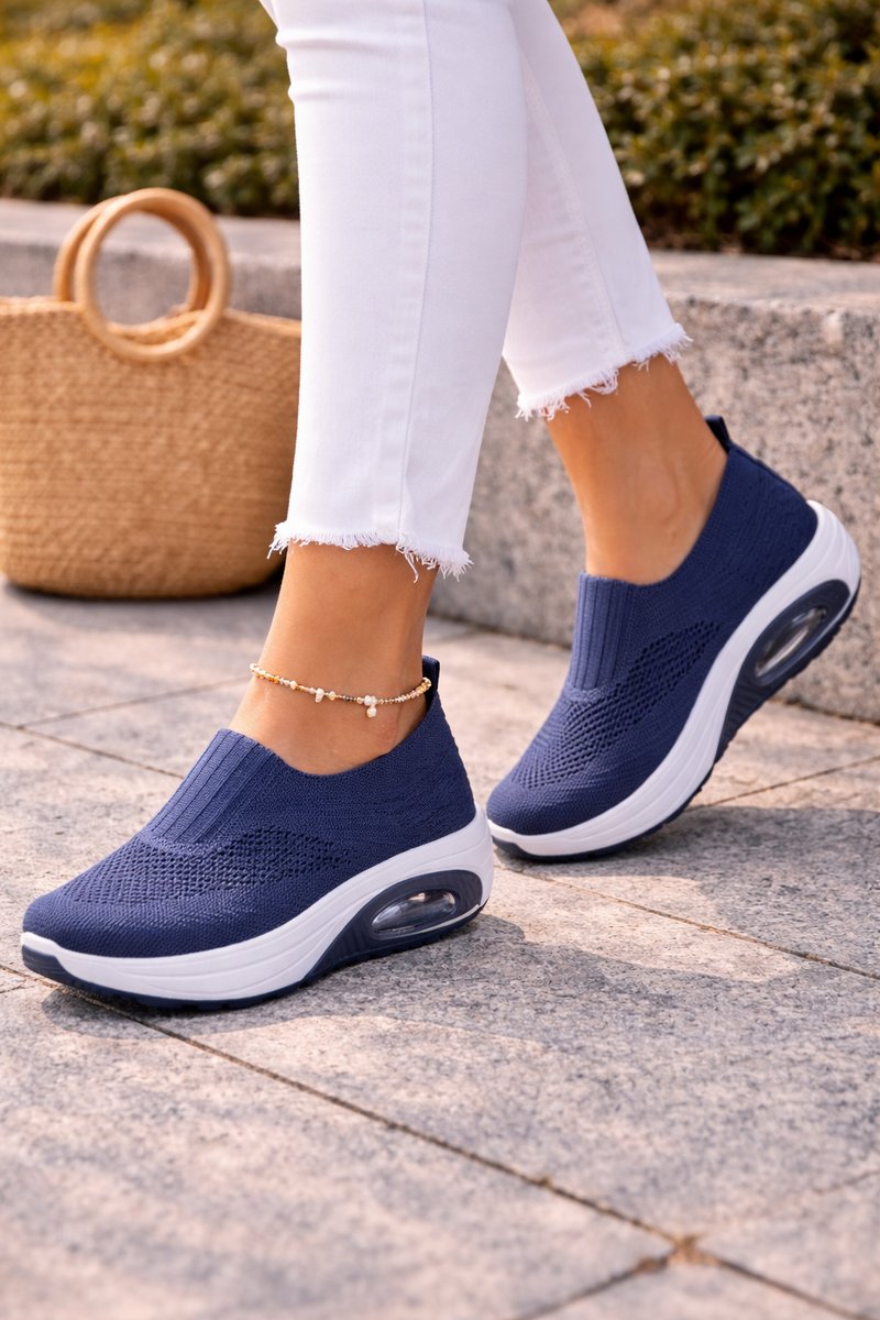 Women's Knit Slip-On Cushioned Sneaker Ankle Boots - Navy