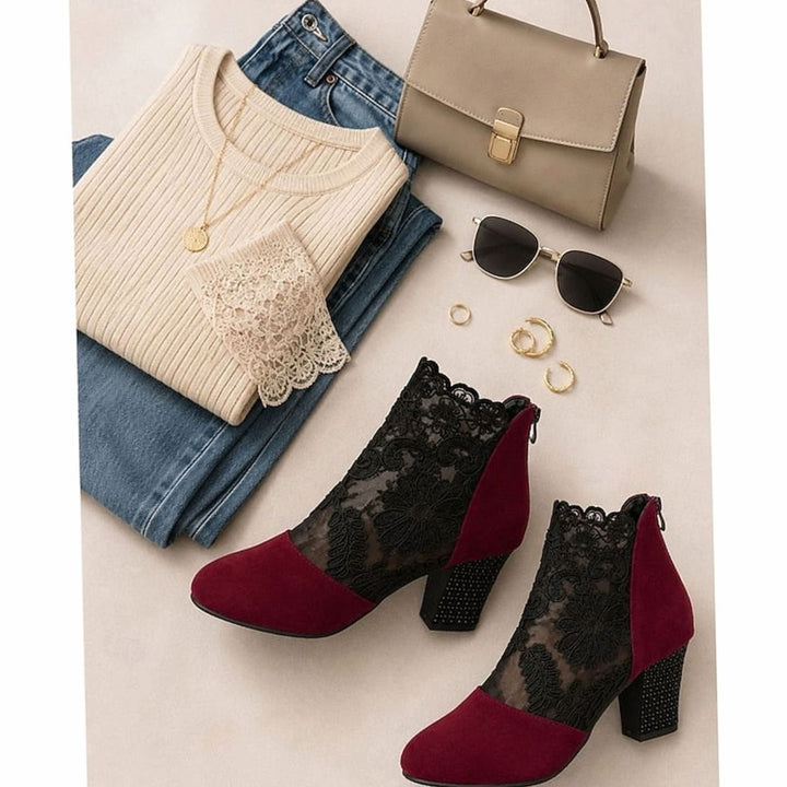 Women's Lace-Accent Block Heel Ankle Boots