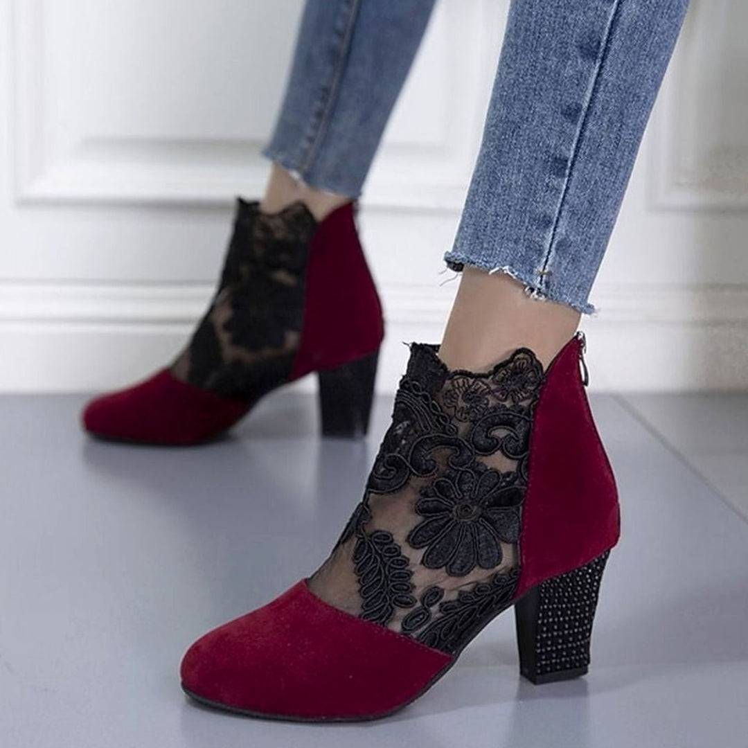 Women's Lace-Accent Block Heel Ankle Boots - Wine