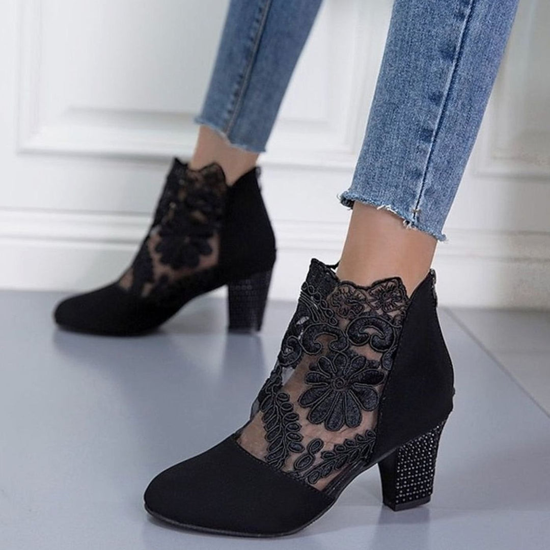 Women's Lace-Accent Block Heel Ankle Boots - Black