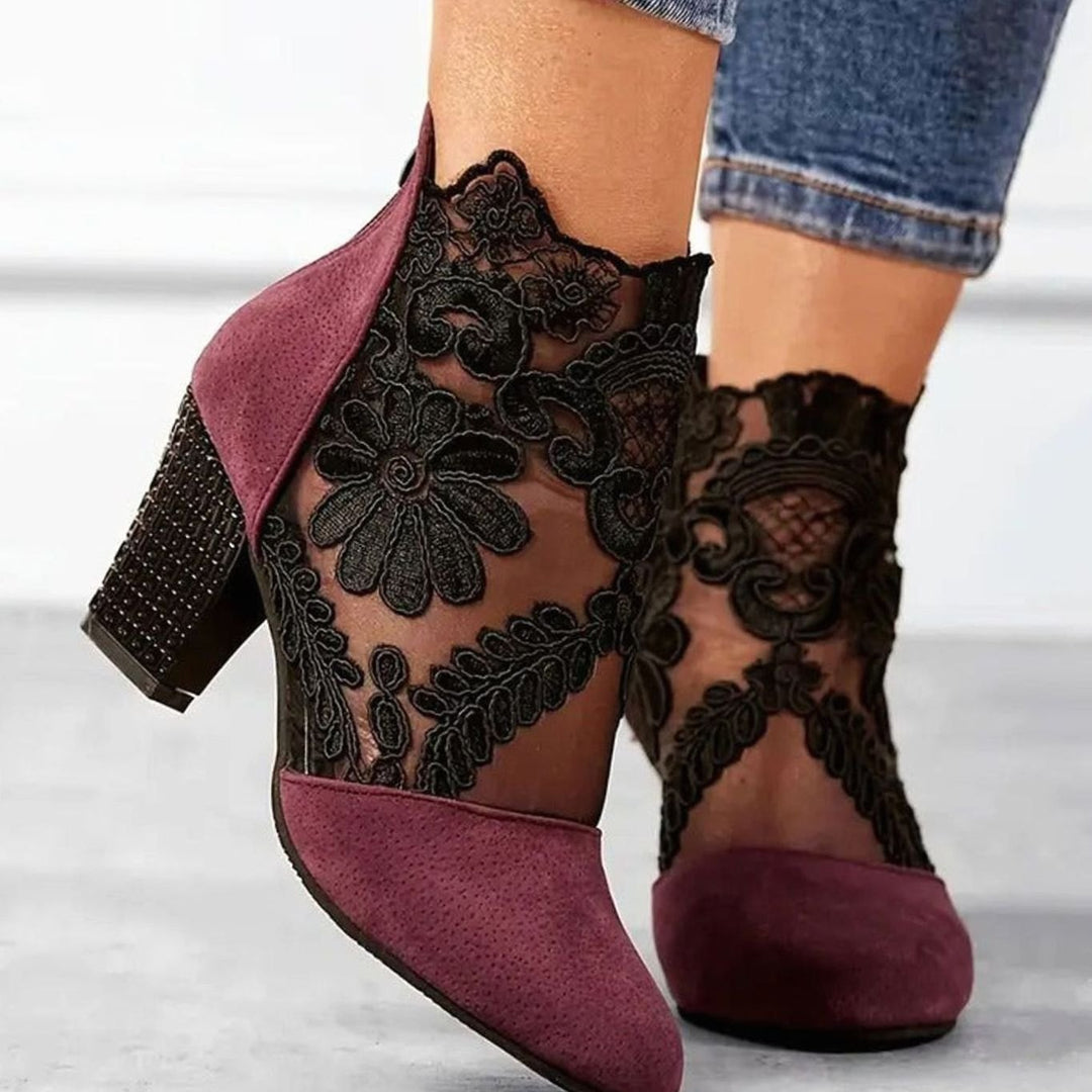 Women's Lace Block-Heel Pointed-Toe Ankle Heels - Red