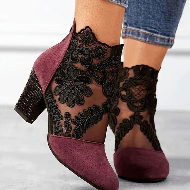 Women's Lace Block-Heel Pointed-Toe Ankle Heels - Red