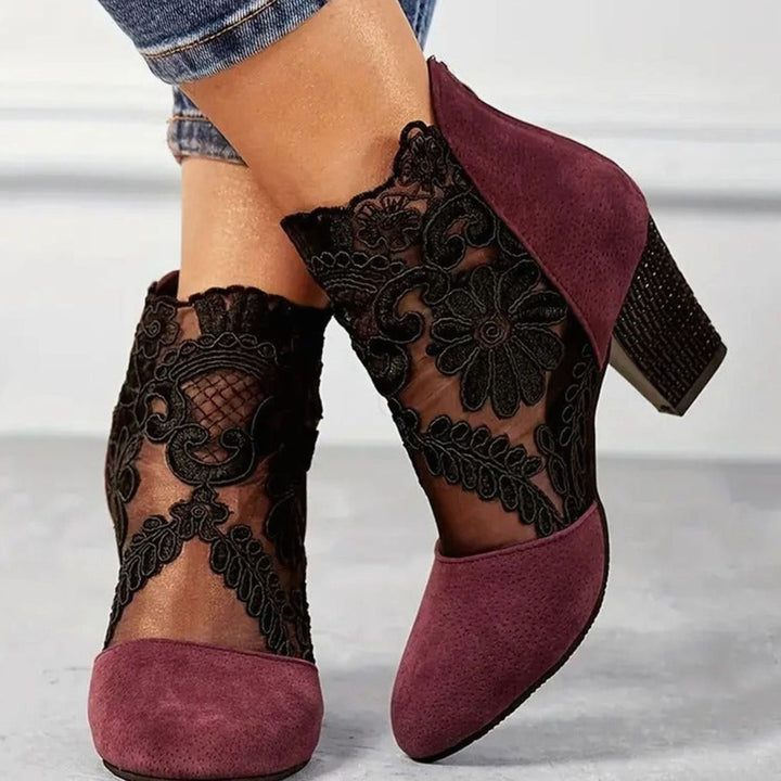 Women's Lace Block-Heel Pointed-Toe Ankle Heels