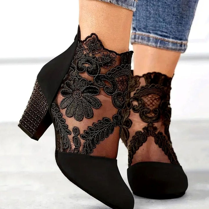 Women's Lace Block-Heel Pointed-Toe Ankle Heels - Black
