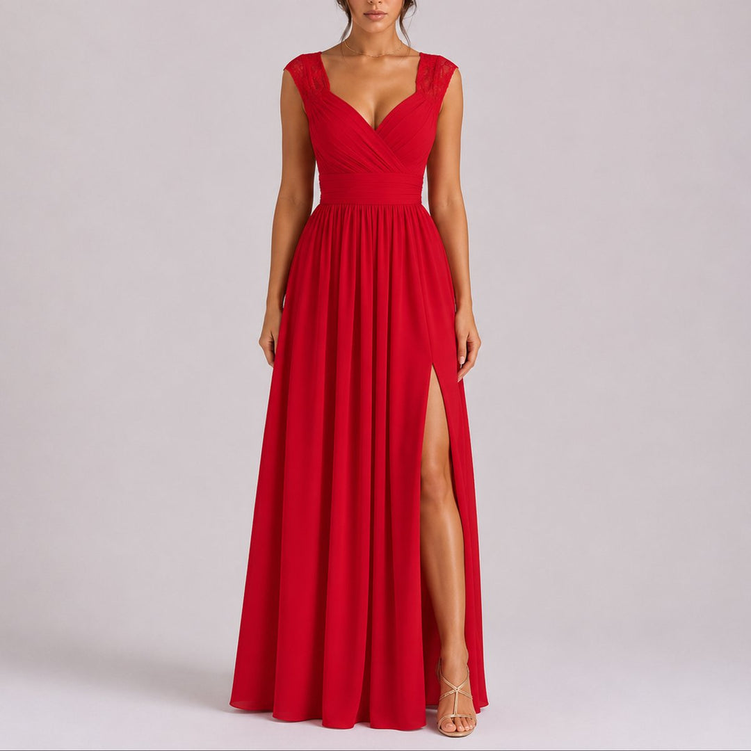 Women's Lace Shoulder V-Neck Side Slit Fall Wedding Guest Dresses - Red