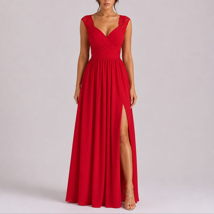 Women's Lace Shoulder V-Neck Side Slit Fall Wedding Guest Dresses - Red