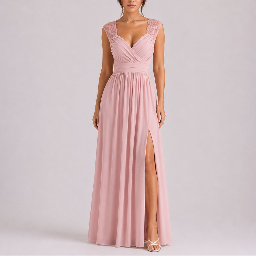 Women's Lace Shoulder V-Neck Side Slit Fall Wedding Guest Dresses - Pink