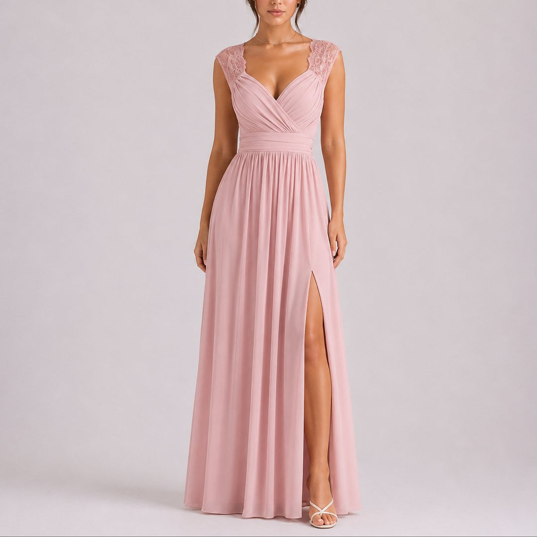 Women's Lace Shoulder V-Neck Side Slit Fall Wedding Guest Dresses - Pink