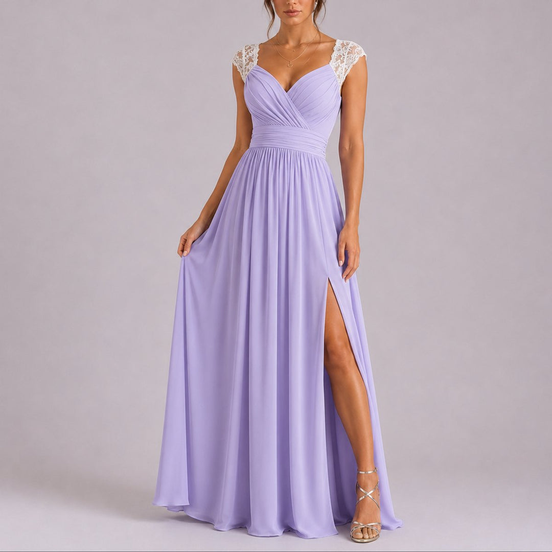 Women's Lace Shoulder V-Neck Side Slit Fall Wedding Guest Dresses - Purple