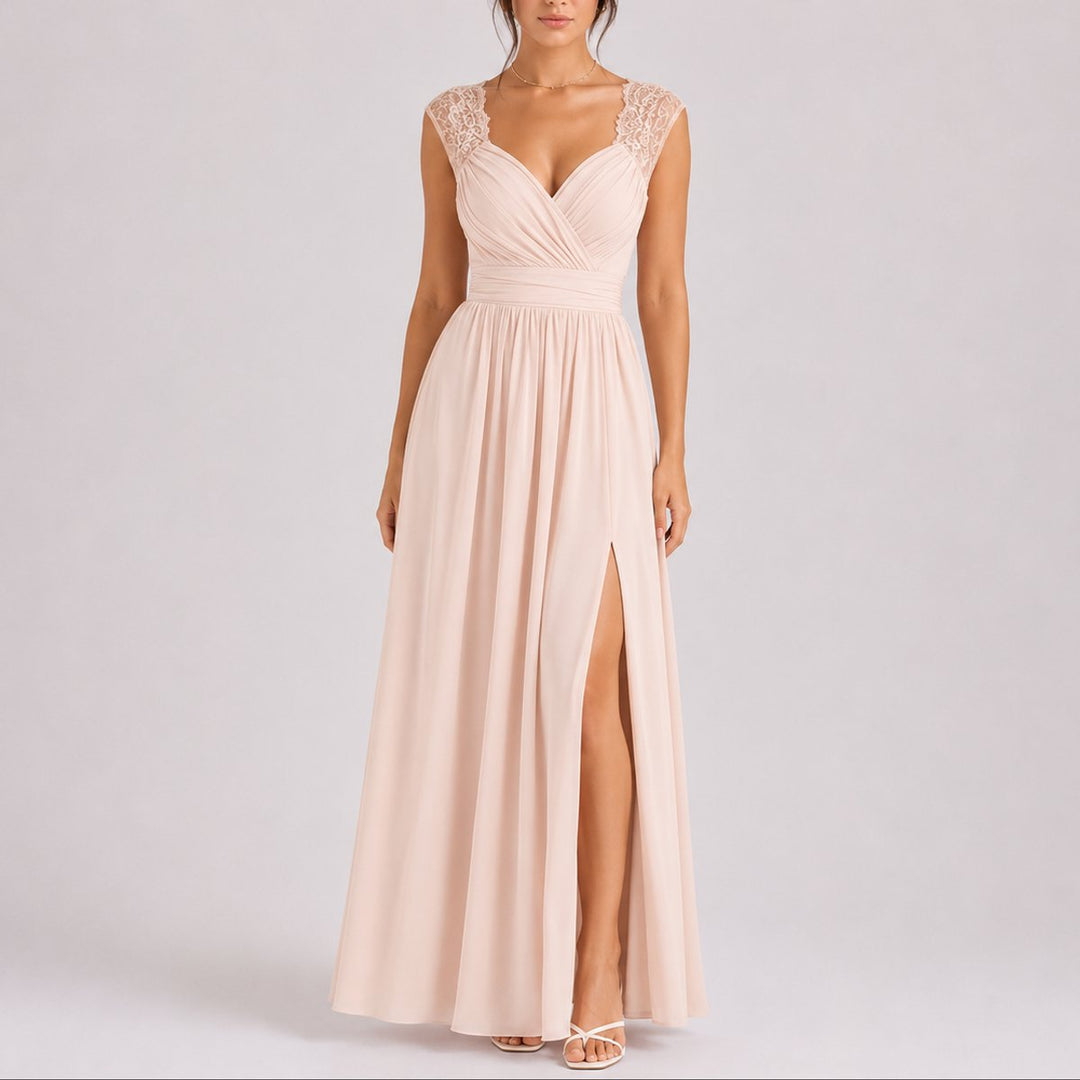 Women's Lace Shoulder V-Neck Side Slit Fall Wedding Guest Dresses - Beige