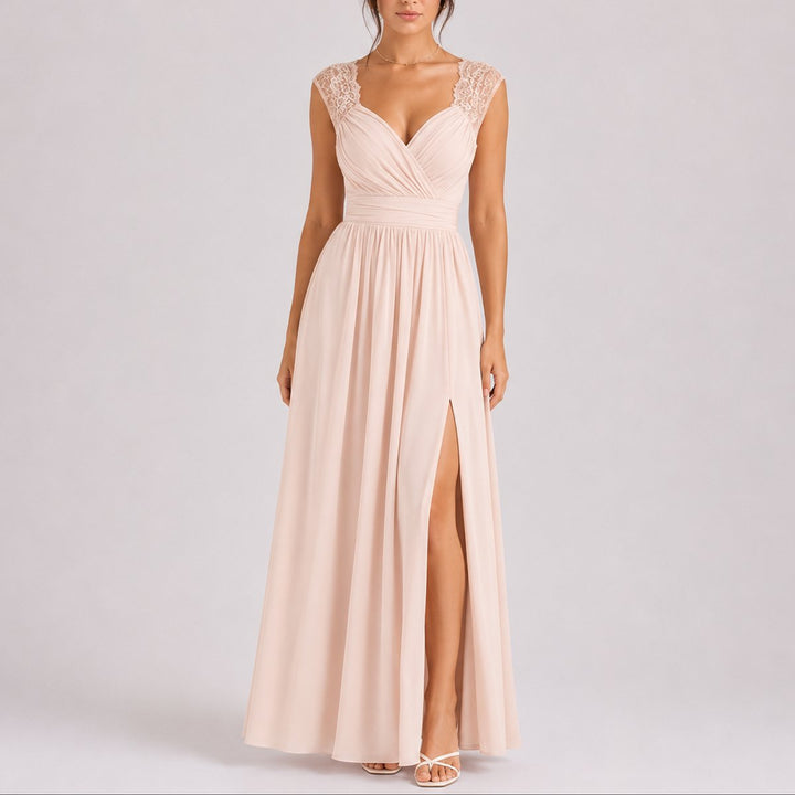 Women's Lace Shoulder V-Neck Side Slit Fall Wedding Guest Dresses - Beige