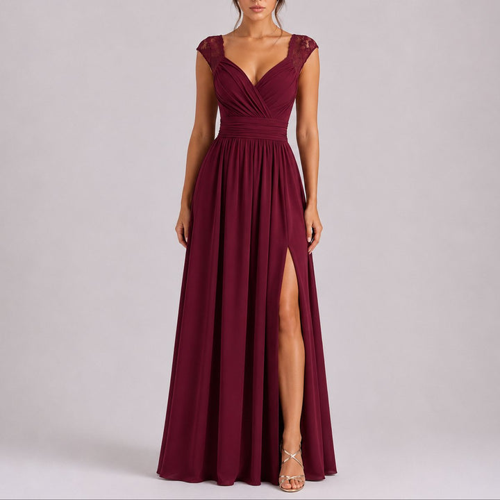 Women's Lace Shoulder V-Neck Side Slit Fall Wedding Guest Dresses - Red Carpet