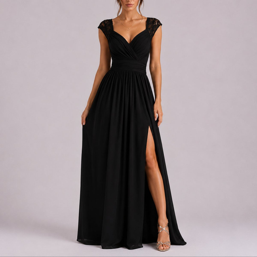 Women's Lace Shoulder V-Neck Side Slit Fall Wedding Guest Dresses - Black