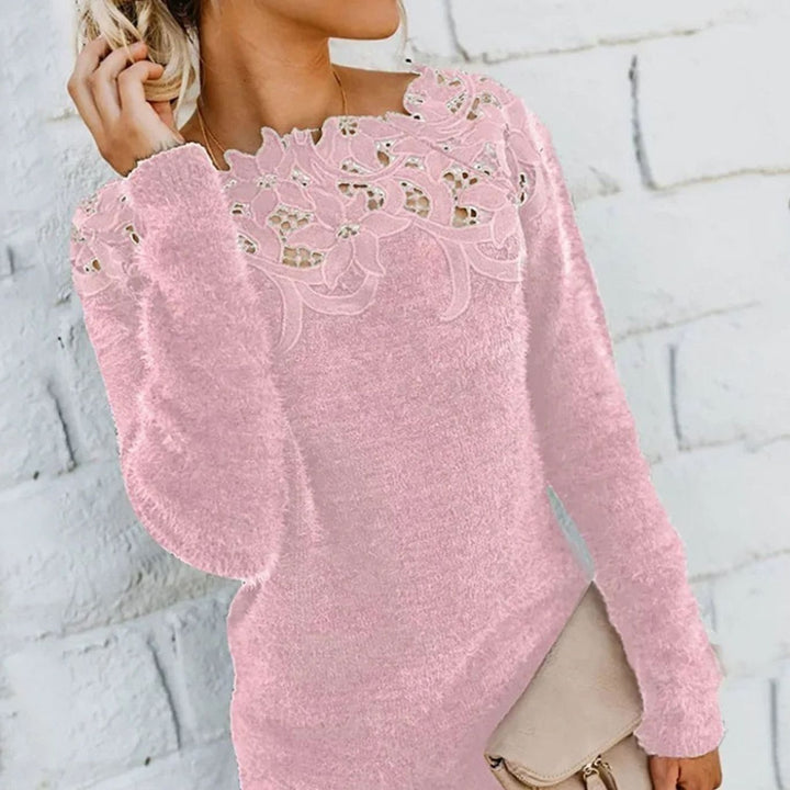 Women's Lace-Trim Floral Embroidered Long Sleeve Knit Sweater - Pink