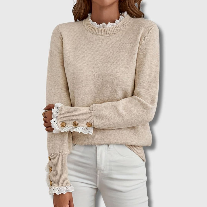 Women's Lace-Trim Ribbed-Cuff Crewneck Knit Sweater - Apricot