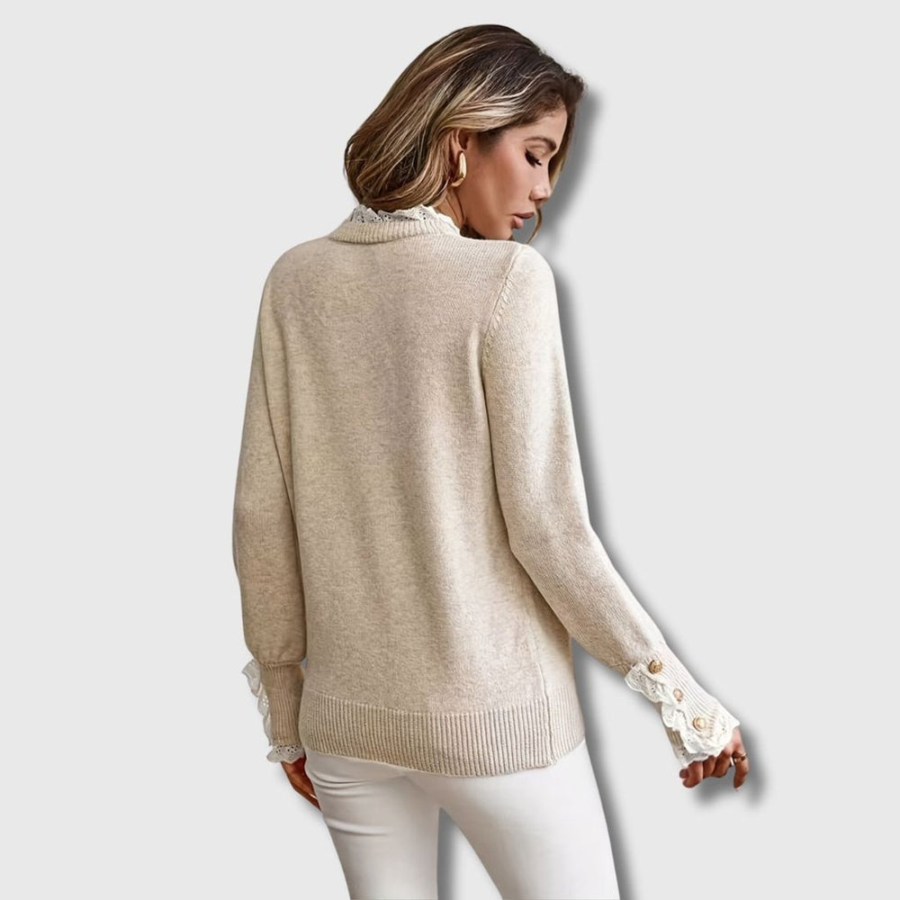 Women's Lace-Trim Ribbed-Cuff Crewneck Knit Sweater