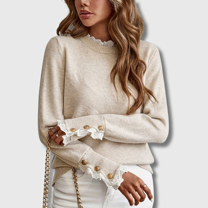 Women's Lace-Trim Ribbed-Cuff Crewneck Knit Sweater