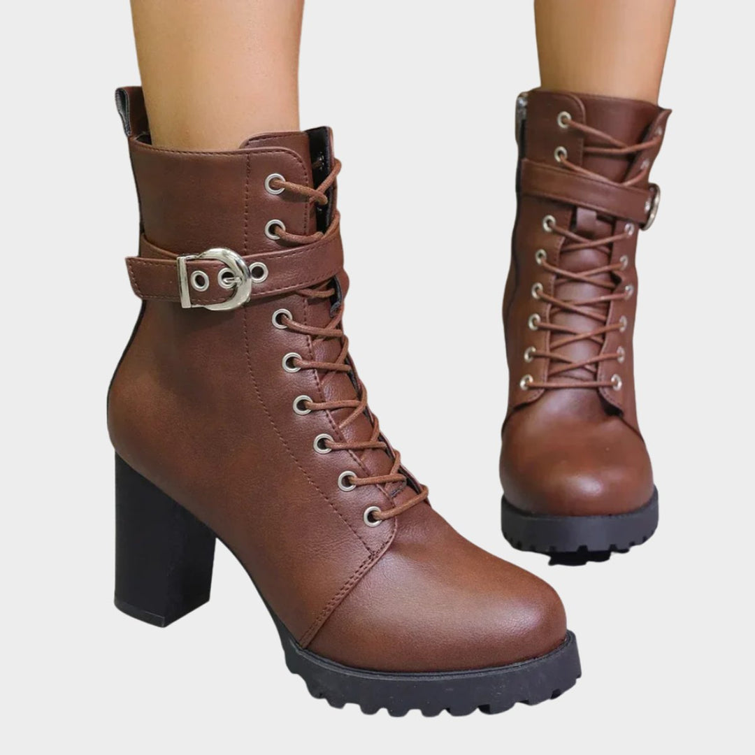 Women's Lace-Up Block Heel Combat Ankle Boots Buckle Strap - Brown
