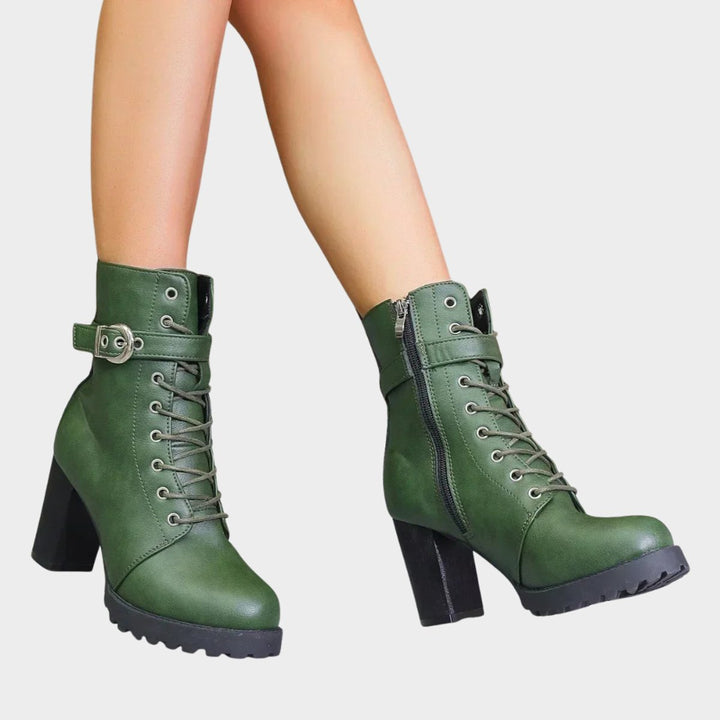 Women's Lace-Up Block Heel Combat Ankle Boots Buckle Strap