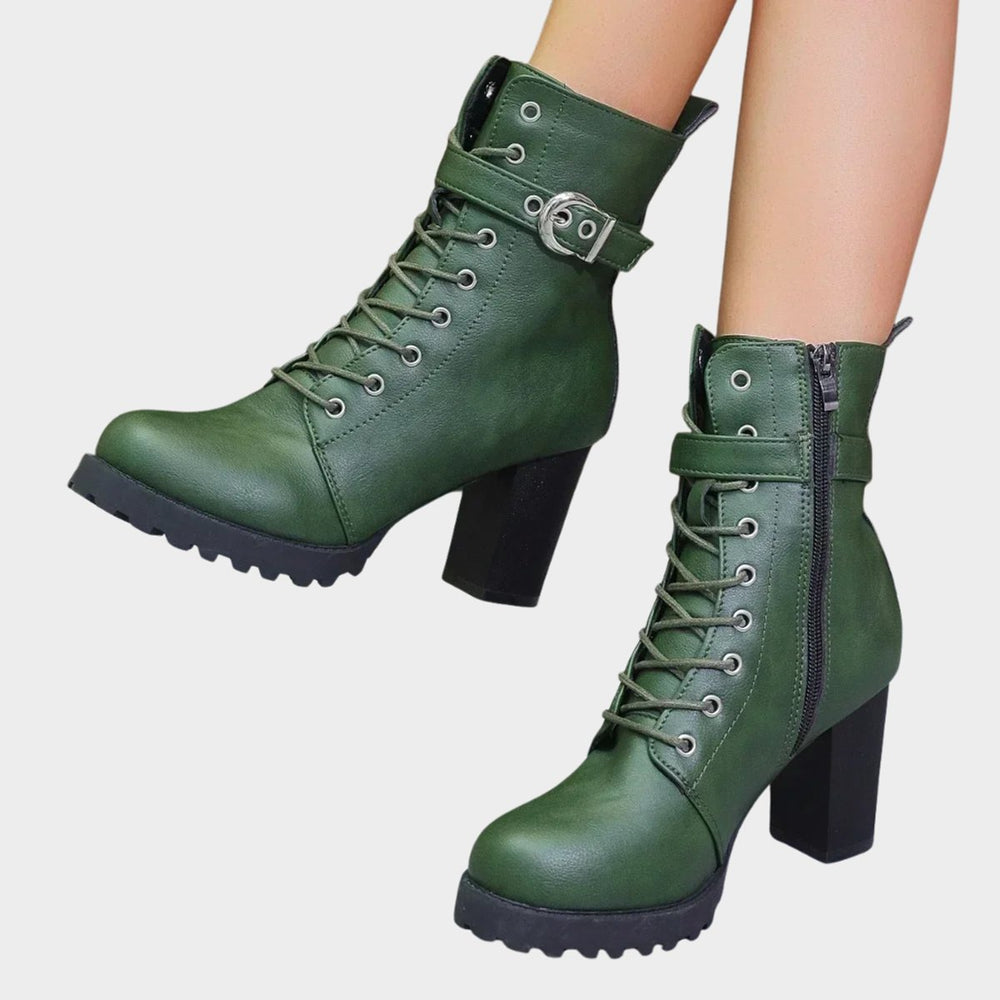 Women's Lace-Up Block Heel Combat Ankle Boots Buckle Strap - Green