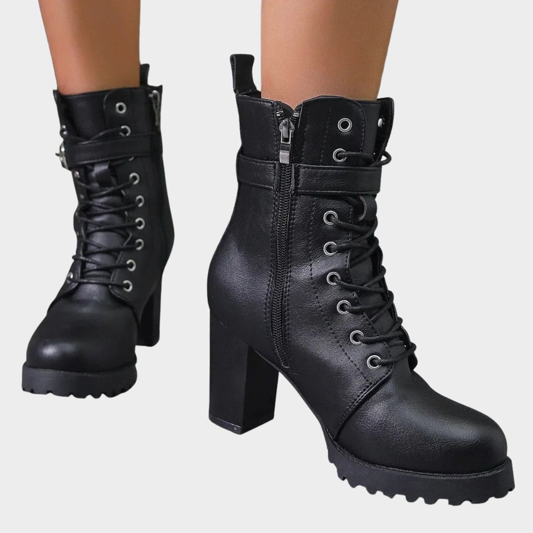 Women's Lace-Up Block Heel Combat Ankle Boots Buckle Strap - Black