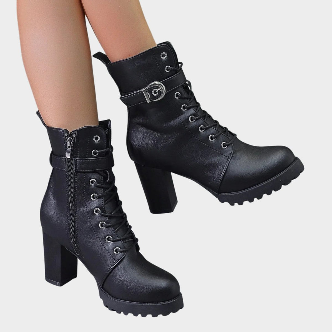 Women's Lace-Up Block Heel Combat Ankle Boots Buckle Strap