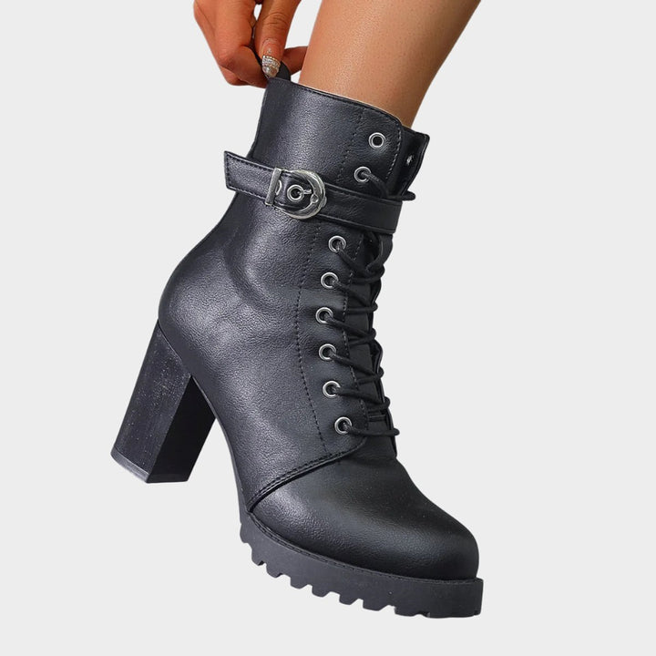 Women's Lace-Up Block Heel Combat Ankle Boots Buckle Strap