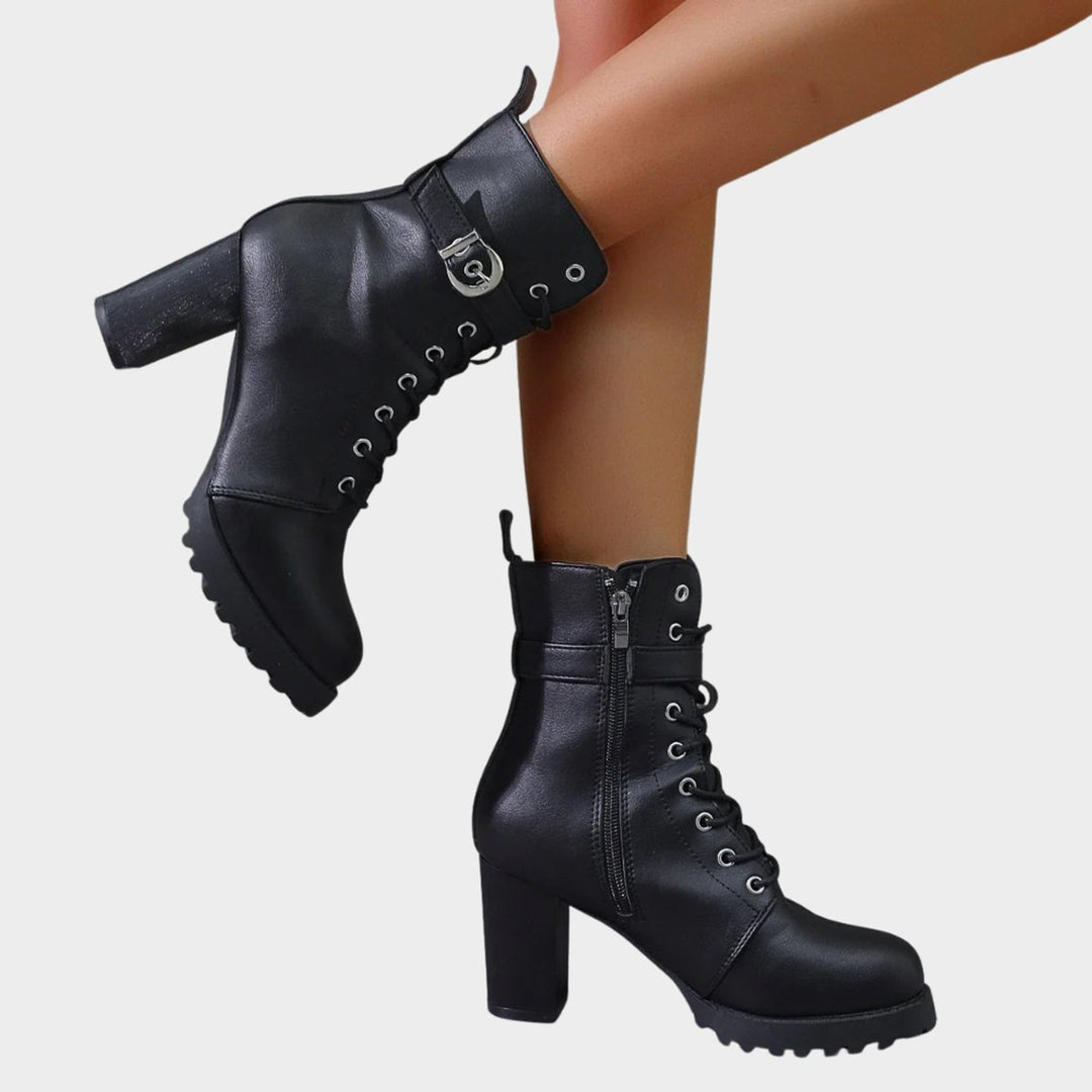 Women's Lace-Up Block Heel Combat Ankle Boots Buckle Strap