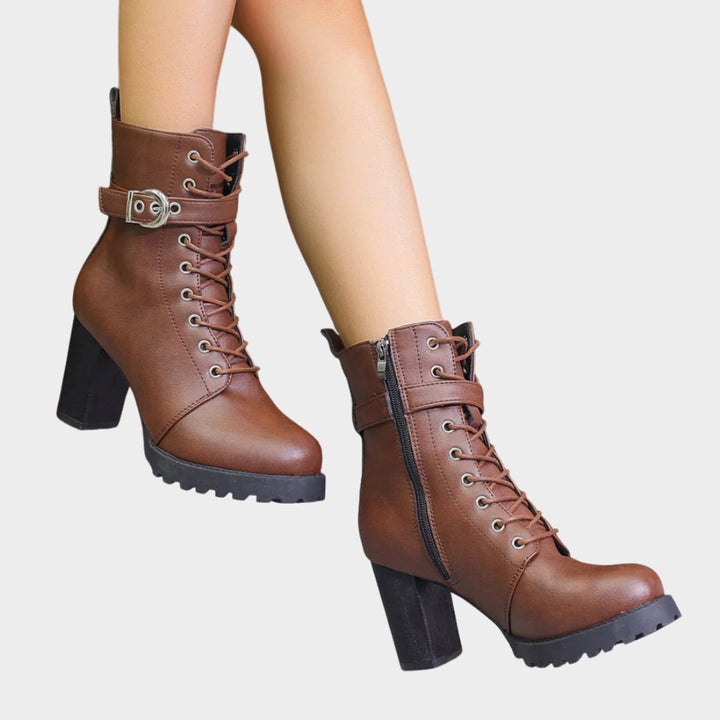 Women's Lace-Up Block Heel Combat Ankle Boots Buckle Strap