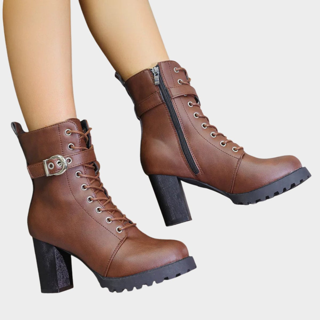 Women's Lace-Up Block Heel Combat Ankle Boots Buckle Strap