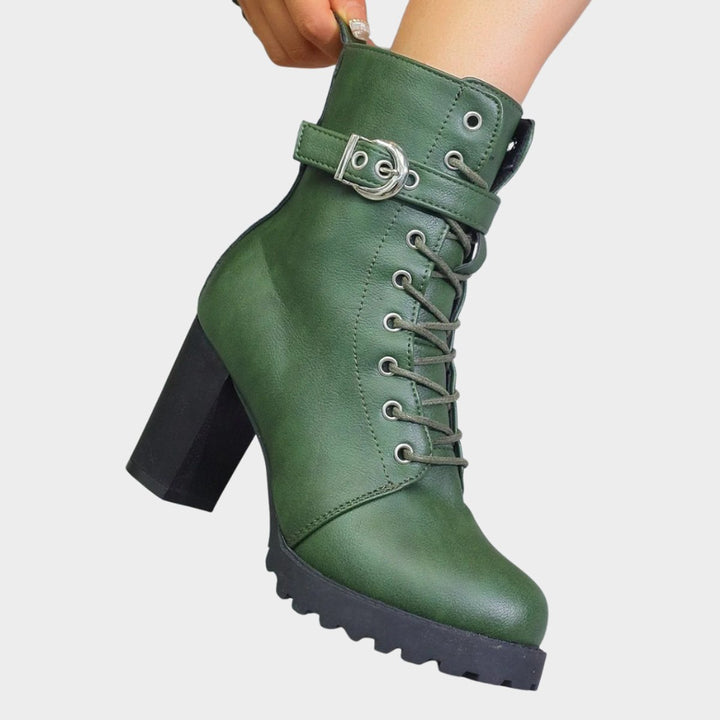 Women's Lace-Up Block Heel Combat Ankle Boots Buckle Strap