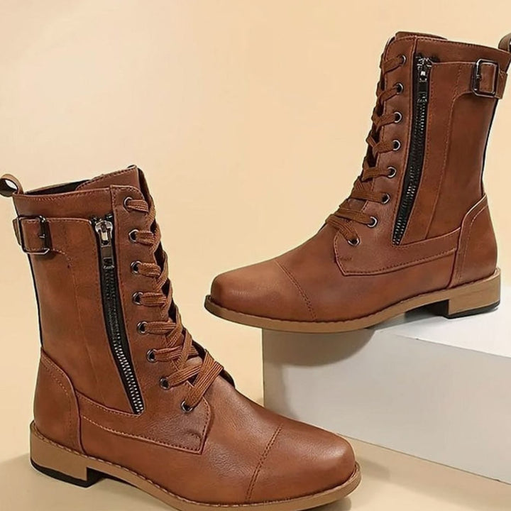 Women's Lace-Up Combat Boots Buckle Side-Zip Round-Toe