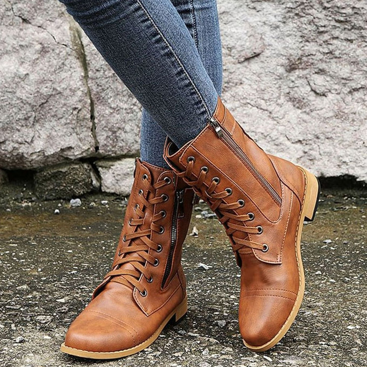 Women's Lace-Up Combat Boots Buckle Side-Zip Round-Toe