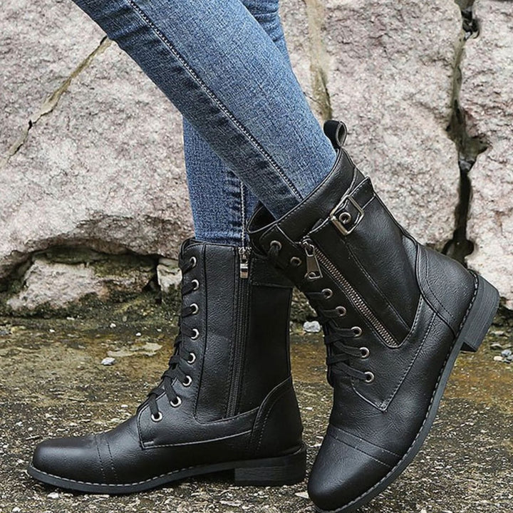 Women's Lace-Up Combat Boots Buckle Side-Zip Round-Toe