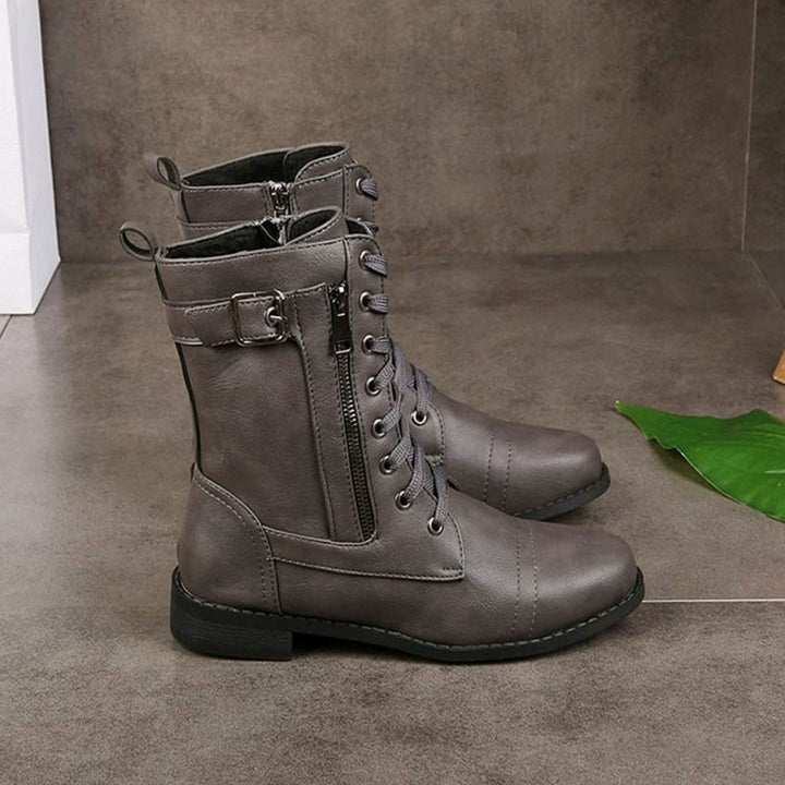Women's Lace-Up Combat Boots Buckle Side-Zip Round-Toe