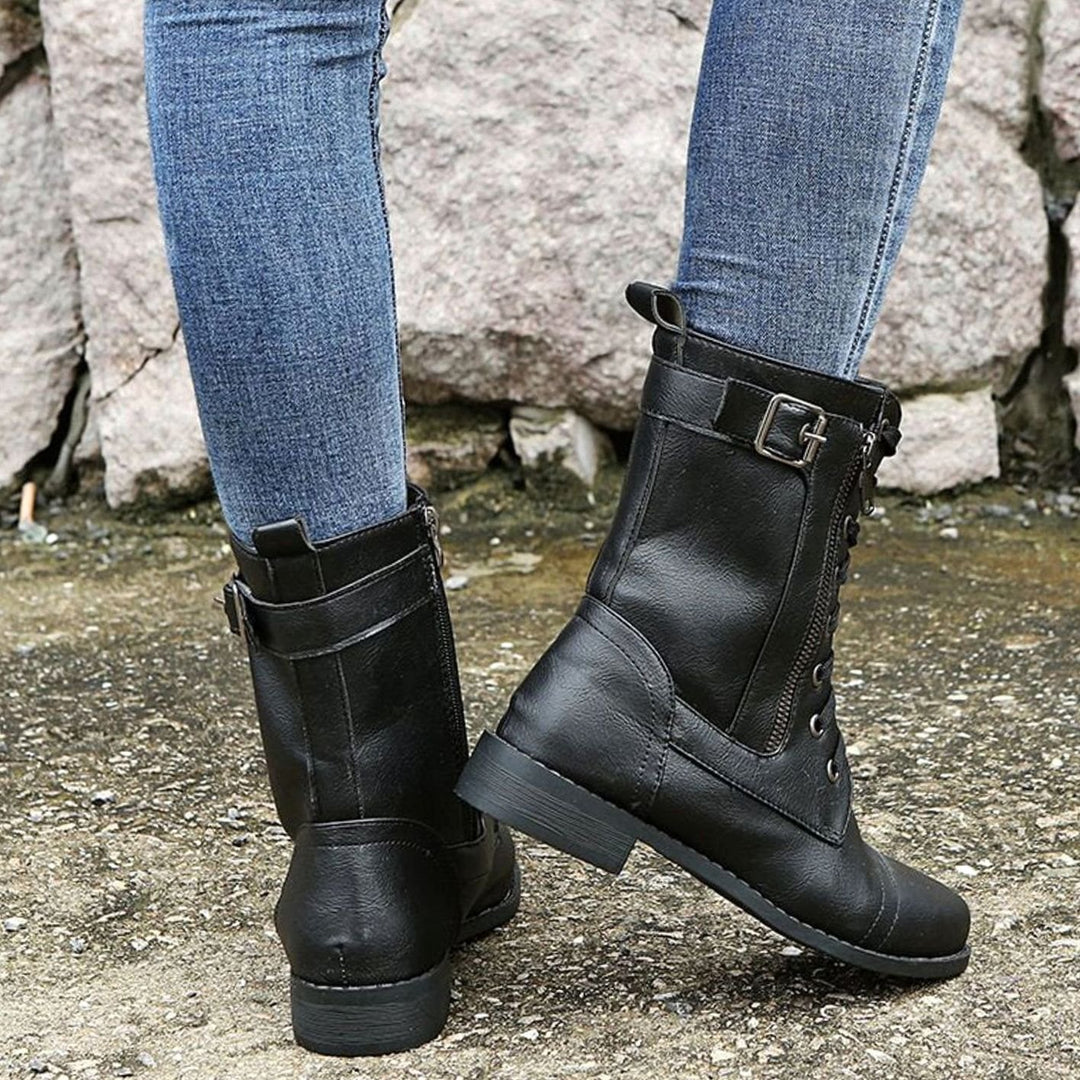 Women's Lace-Up Combat Boots Buckle Side-Zip Round-Toe