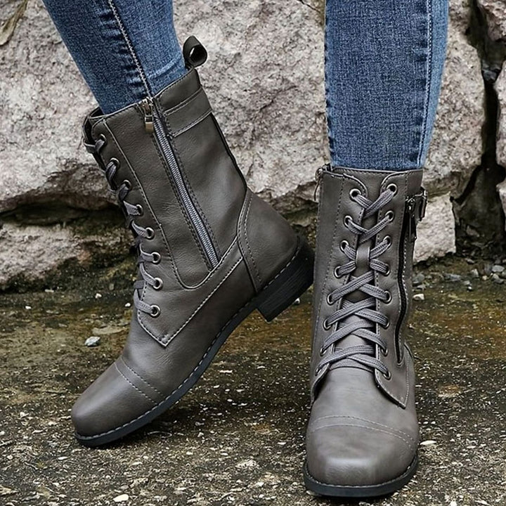 Women's Lace-Up Combat Boots Buckle Side-Zip Round-Toe