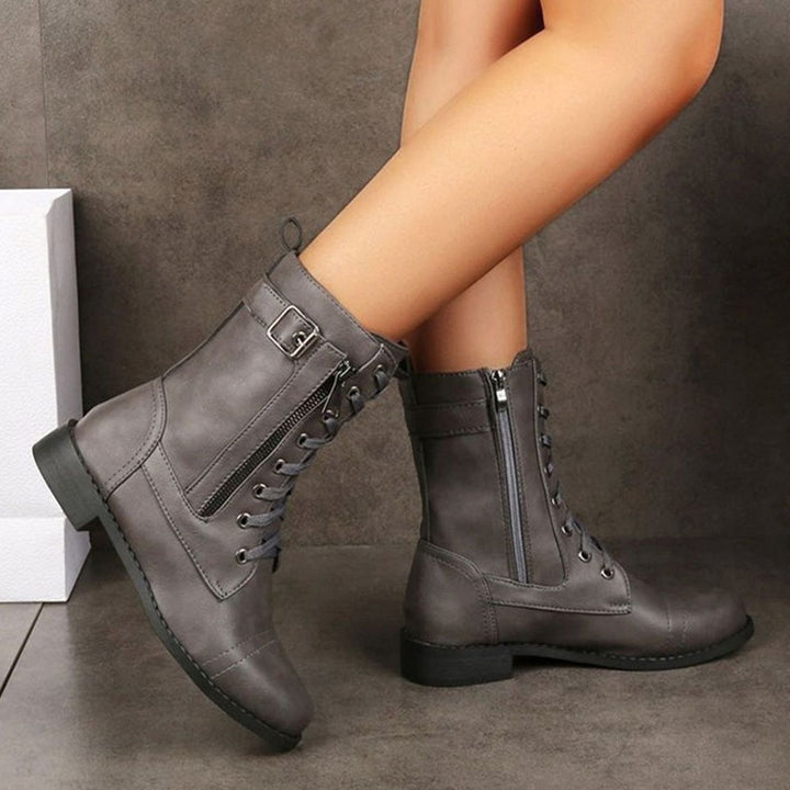 Women's Lace-Up Combat Boots Buckle Side-Zip Round-Toe