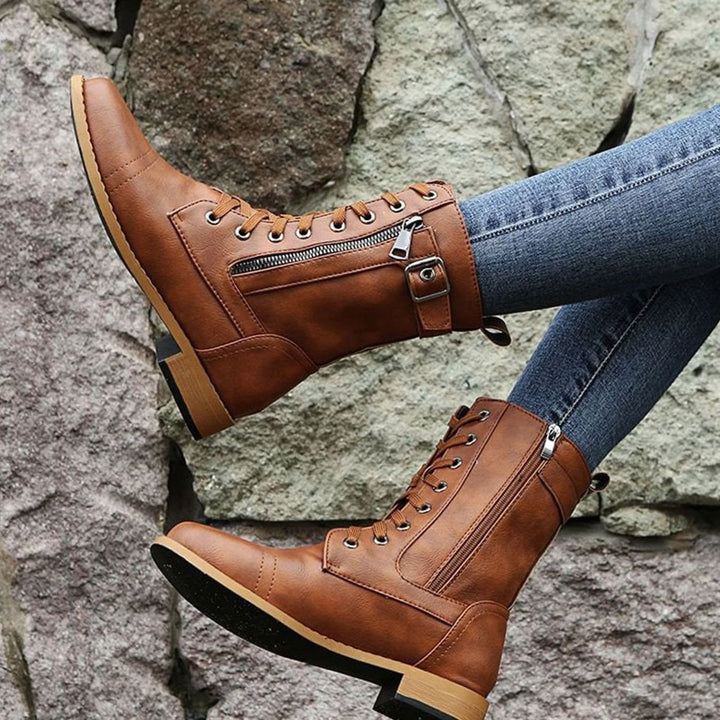 Women's Lace-Up Combat Boots Buckle Side-Zip Round-Toe