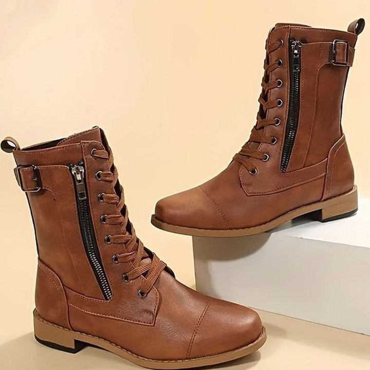 Women's Lace-Up Combat Boots Buckle Side-Zip Round-Toe - Brown