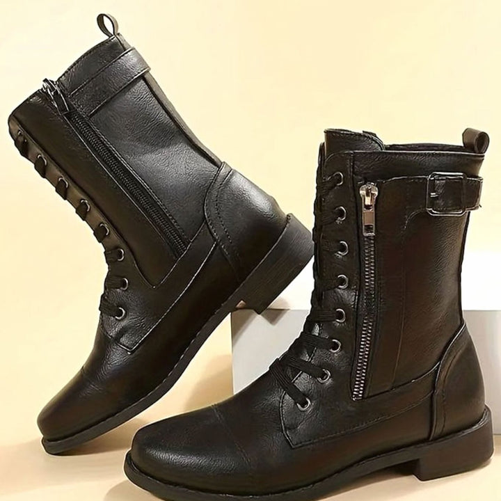 Women's Lace-Up Combat Boots Buckle Side-Zip Round-Toe - Black
