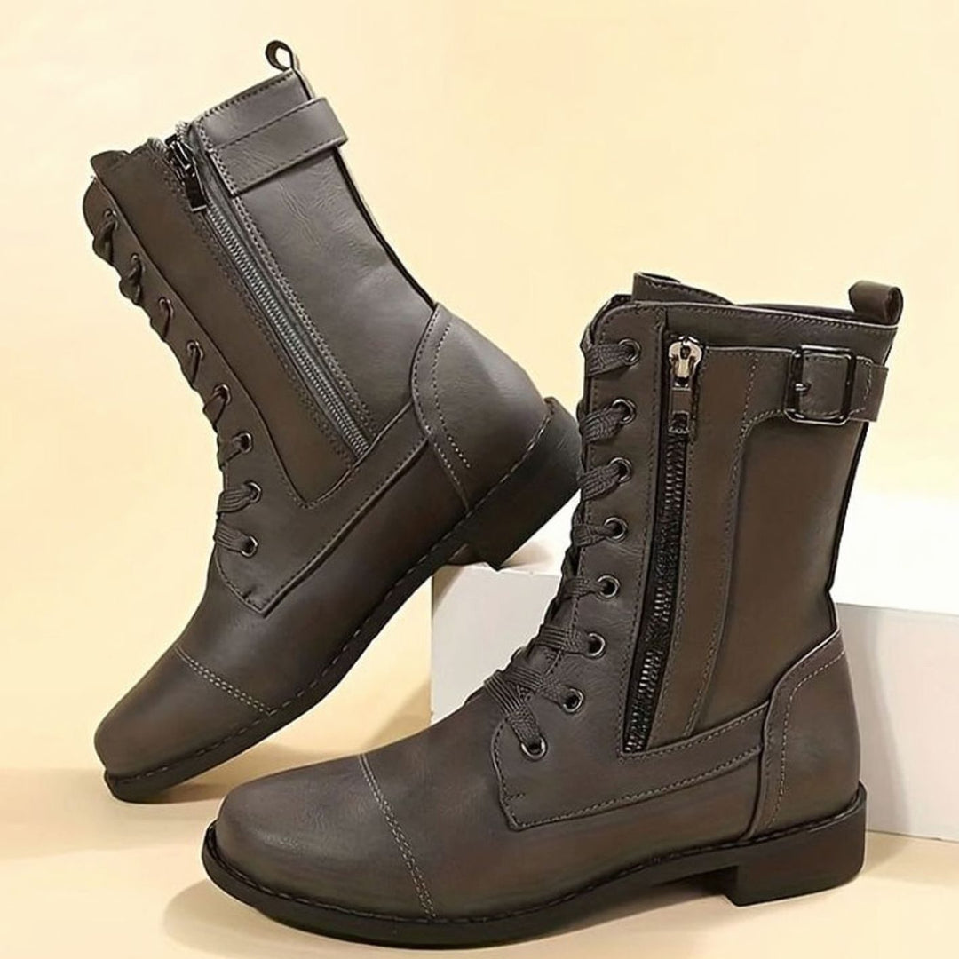Women's Lace-Up Combat Boots Buckle Side-Zip Round-Toe - Gray