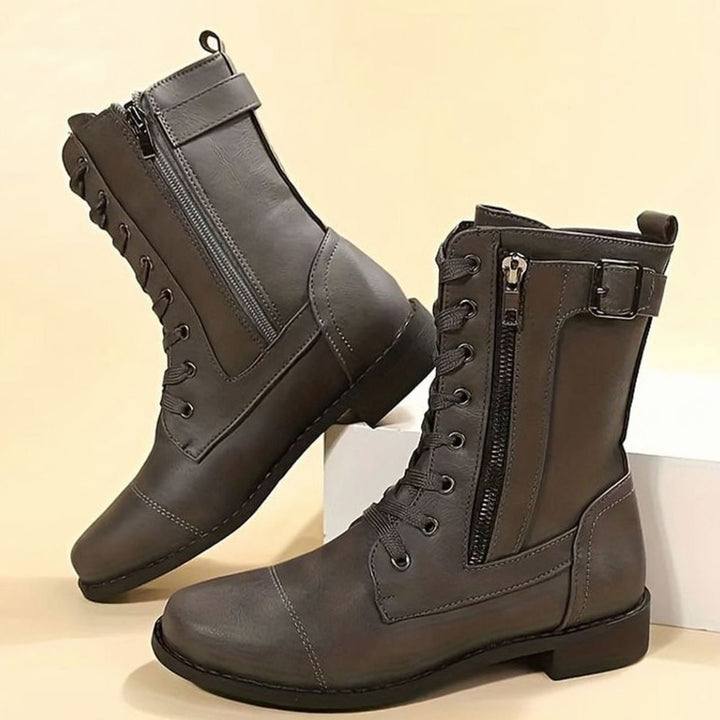 Women's Lace-Up Combat Boots Buckle Side-Zip Round-Toe - Gray