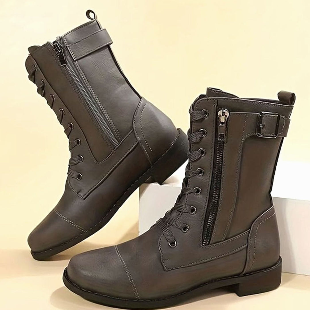Women's Lace-Up Combat Boots Buckle Side-Zip Round-Toe