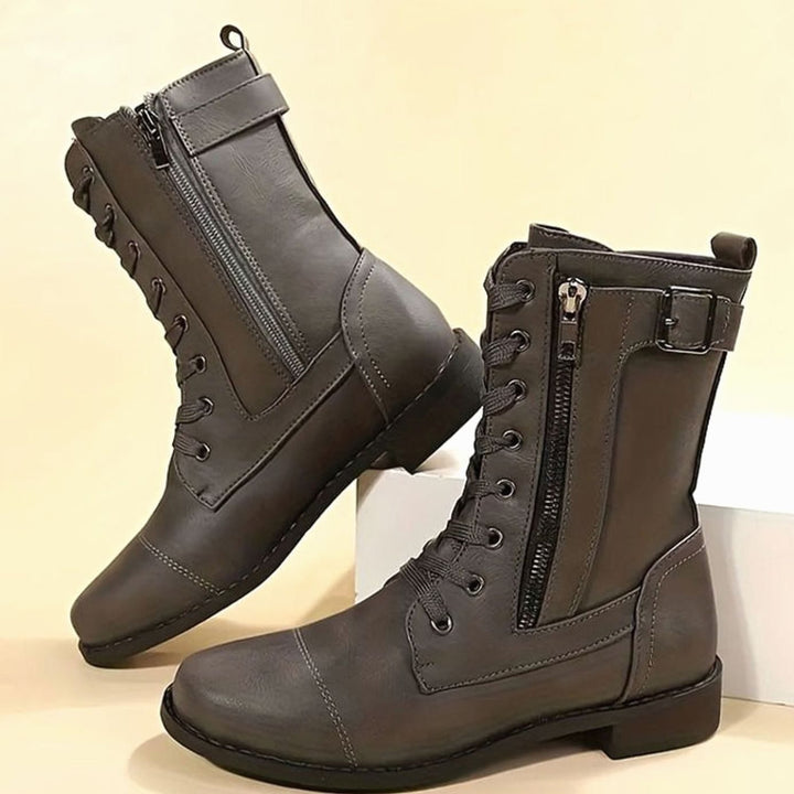 Women's Lace-Up Combat Boots Buckle Side-Zip Round-Toe